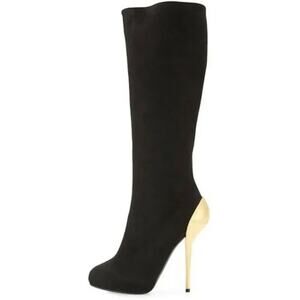 Giuseppe Zanotti Boot Black Suede Sculpted Gold Metallic Slim Heel Knee …